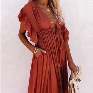 Rizo Red Boho Gauze Button Flutter Maxi, Rusty Orange Red Coverup Sheer Dress